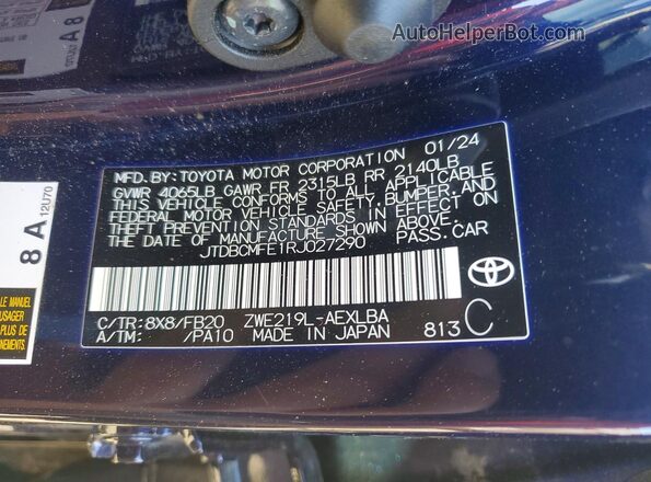 JTDBCMFE1RJ027290 2024 TOYOTA COROLLA Purple Widok naklejki z numerem VIN