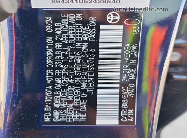 JTDBCMFE1S3071316 2025 TOYOTA COROLLA Blue Widok naklejki z numerem VIN