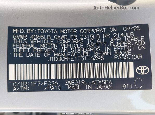JTDBCMFE1T3116398 2026 TOYOTA COROLLA HYBRID Silver ძრავის განყოფილების ხედი