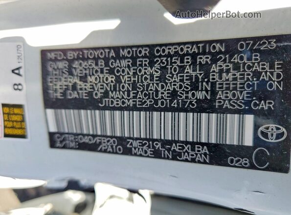 JTDBCMFE2PJ014173 2023 TOYOTA COROLLA White Widok naklejki z numerem VIN