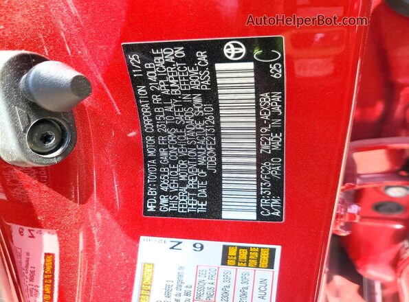 JTDBCMFE2T3126101 2026 TOYOTA COROLLA Red VIN կոդի պիտակի տեսք