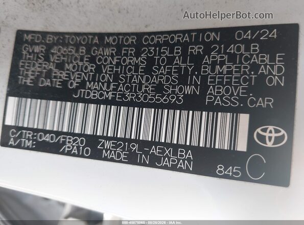 JTDBCMFE3R3055693 2024 TOYOTA COROLLA White Widok komory silnika