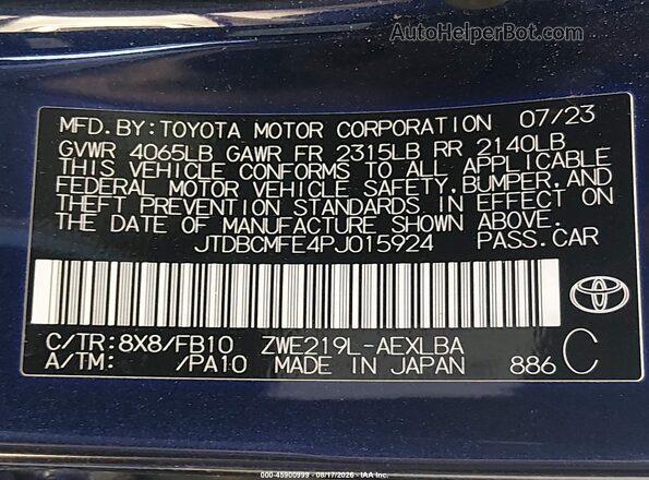 JTDBCMFE4PJ015924 2023 TOYOTA COROLLA Синий Вид подкапотного пространства