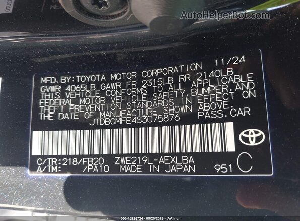 JTDBCMFE4S3075876 2025 TOYOTA COROLLA Black Widok komory silnika