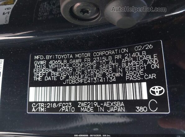 JTDBCMFE4T3141134 2026 TOYOTA COROLLA HYBRID Черный Вид подкапотного пространства