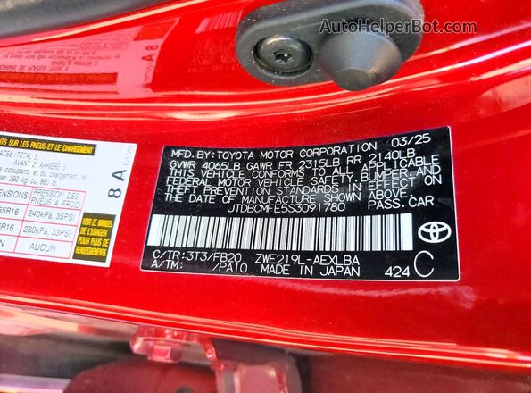 JTDBCMFE5S3091780 2025 TOYOTA COROLLA Red Widok komory silnika