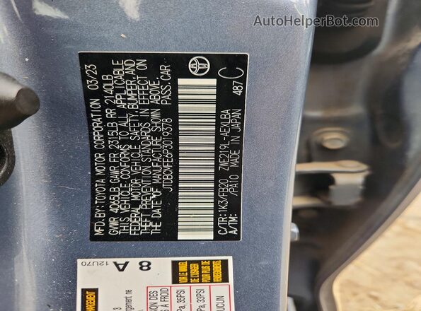 JTDBCMFE6P3019378 2023 TOYOTA COROLLA Blue Widok naklejki z numerem VIN