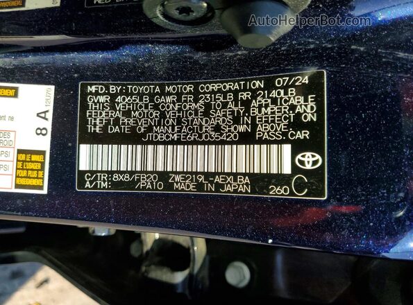 JTDBCMFE6RJ035420 2024 TOYOTA COROLLA Blue VIN sticker view
