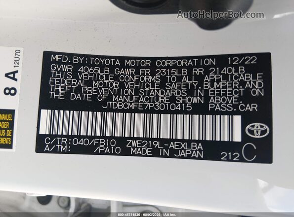 JTDBCMFE7P3010415 2023 TOYOTA COROLLA White Vista del compartimento del motor