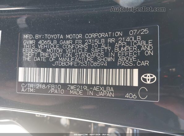 JTDBCMFE7S3108594 2025 TOYOTA COROLLA Black Engine compartment view