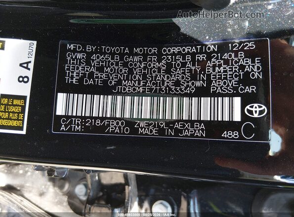 JTDBCMFE7T3133349 2026 TOYOTA COROLLA HYBRID Black Вид підкапотного простору