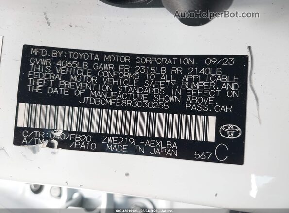 JTDBCMFE8R3030255 2024 TOYOTA COROLLA White ძრავის განყოფილების ხედი