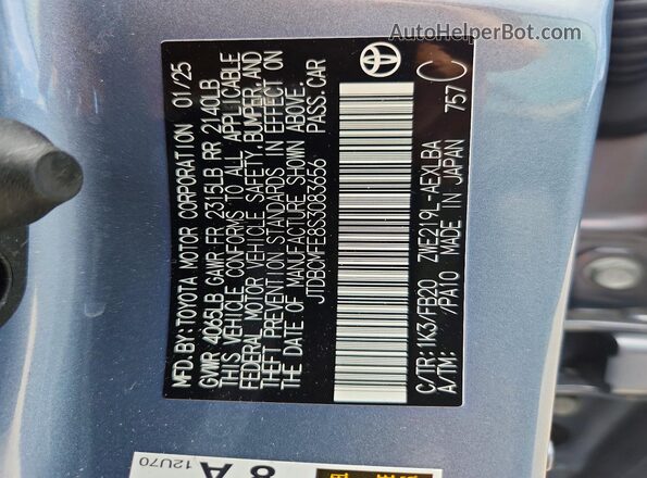 JTDBCMFE8S3083656 2025 TOYOTA COROLLA Blue VIN კოდის სტიკერის ხედი