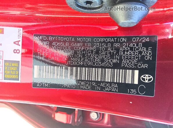 JTDBCMFE9RJ034553 2024 TOYOTA COROLLA Red ძრავის განყოფილების ხედი