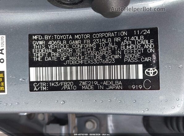JTDBCMFEXS3076823 2025 TOYOTA COROLLA Light Blue Вид підкапотного простору