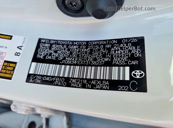 JTDBCMFEXT3138237 2026 TOYOTA COROLLA White Շարժիչի բաժամունքի տեսք