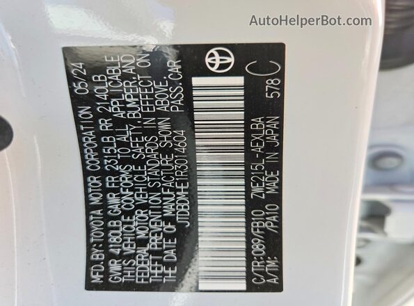 JTDBDMHE1R3014604 2024 TOYOTA COROLLA White Vista de la etiqueta del VIN