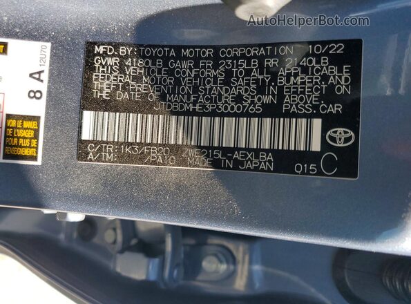 JTDBDMHE3P3000765 2023 TOYOTA COROLLA Blue Вид наклейки з VIN-кодом