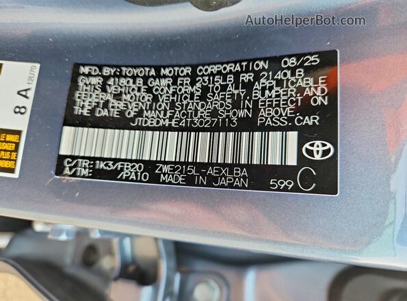 JTDBDMHE4T3027113 2026 TOYOTA COROLLA Gray Widok naklejki z numerem VIN