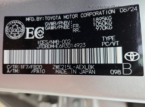 JTDBDMHE6R3014923 2024 TOYOTA COROLLA Silver Widok naklejki z numerem VIN