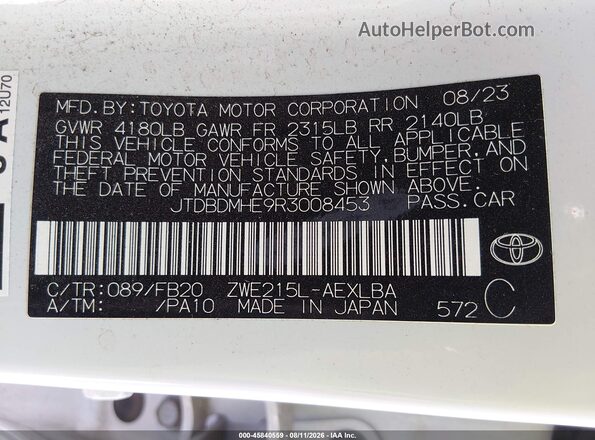 JTDBDMHE9R3008453 2024 TOYOTA COROLLA White Widok komory silnika
