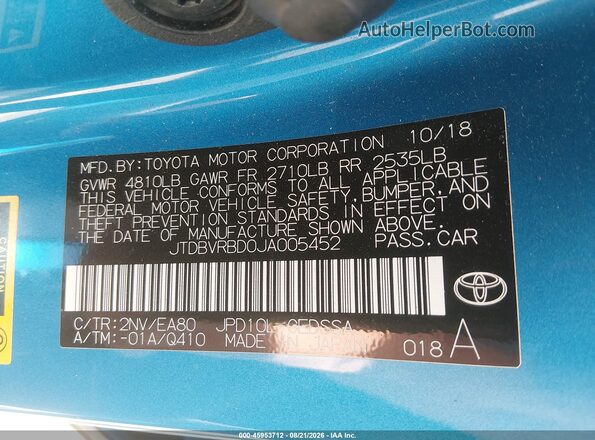 JTDBVRBD0JA005452 2018 TOYOTA MIRAI Blue ძრავის განყოფილების ხედი
