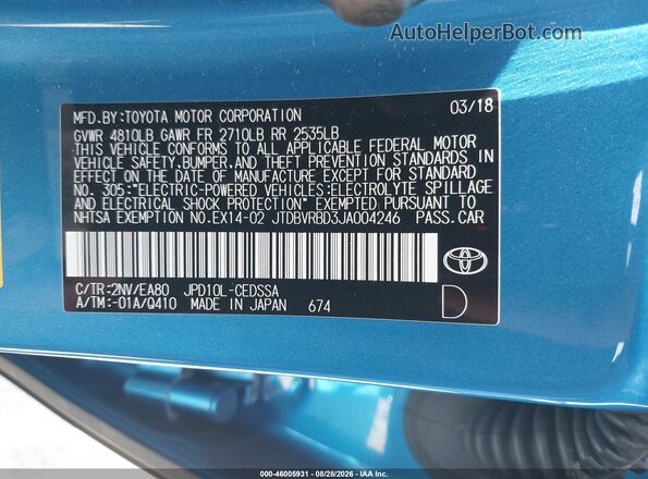 JTDBVRBD3JA004246 2018 TOYOTA MIRAI Blue Widok komory silnika
