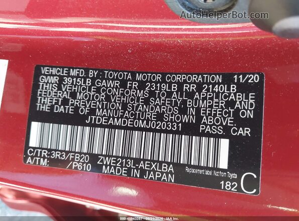 JTDEAMDE0MJ020331 2021 TOYOTA COROLLA Red Engine compartment view