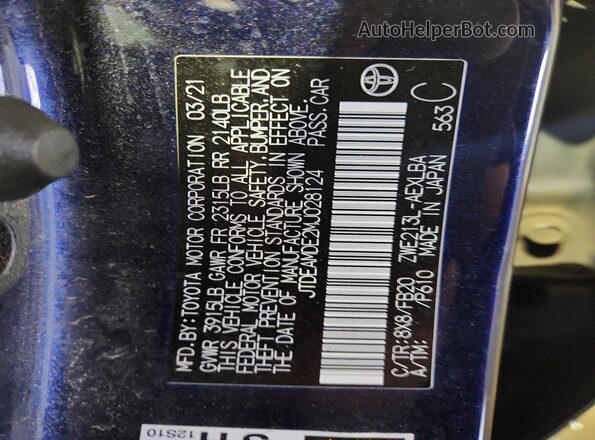 JTDEAMDE2MJ028124 2021 TOYOTA COROLLA Синий 
