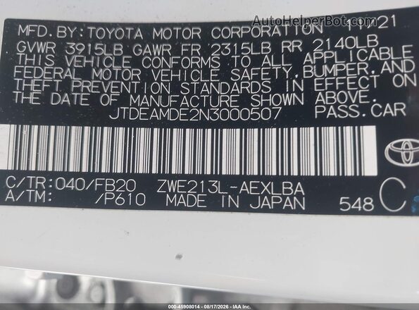 JTDEAMDE2N3000507 2022 TOYOTA COROLLA White Շարժիչի բաժամունքի տեսք