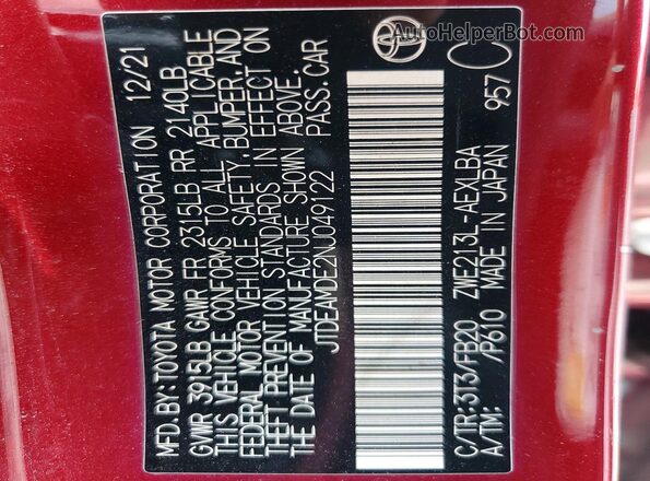 JTDEAMDE2NJ049122 2022 TOYOTA COROLLA Бордовый Вид подкапотного пространства