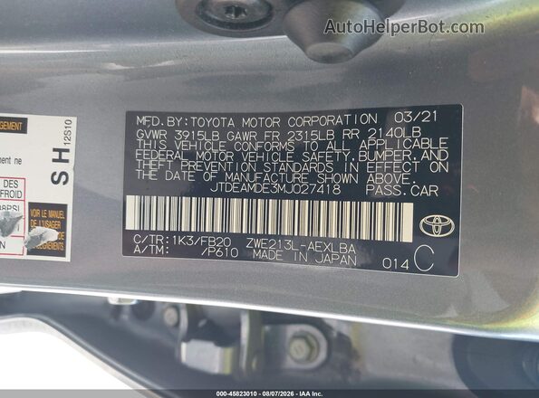 JTDEAMDE3MJ027418 2021 TOYOTA COROLLA Blue Vista del compartimento del motor