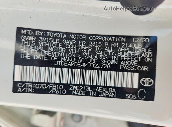 JTDEAMDE4MJ022728 2021 TOYOTA COROLLA White VIN კოდის სტიკერის ხედი