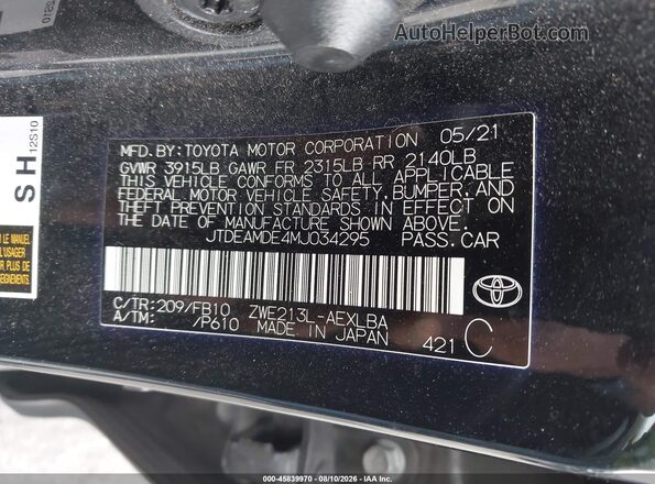JTDEAMDE4MJ034295 2021 TOYOTA COROLLA Black Engine compartment view