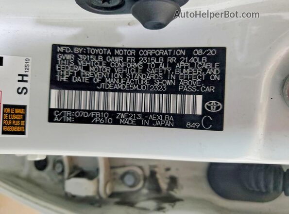 JTDEAMDE5MJ012323 2021 TOYOTA COROLLA White ძრავის განყოფილების ხედი