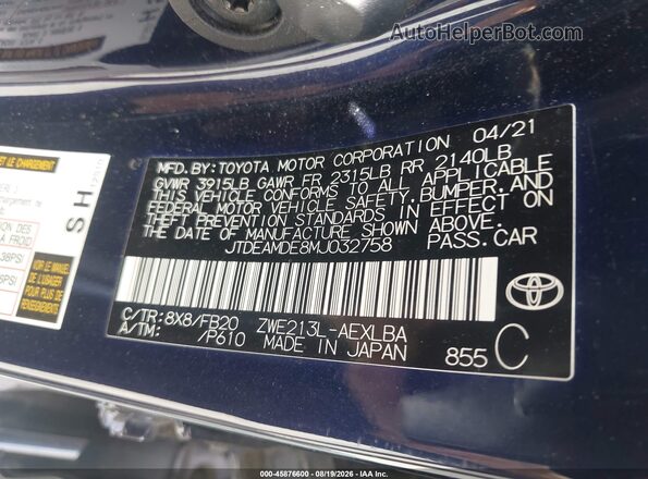 JTDEAMDE8MJ032758 2021 TOYOTA COROLLA Dark Blue Widok komory silnika