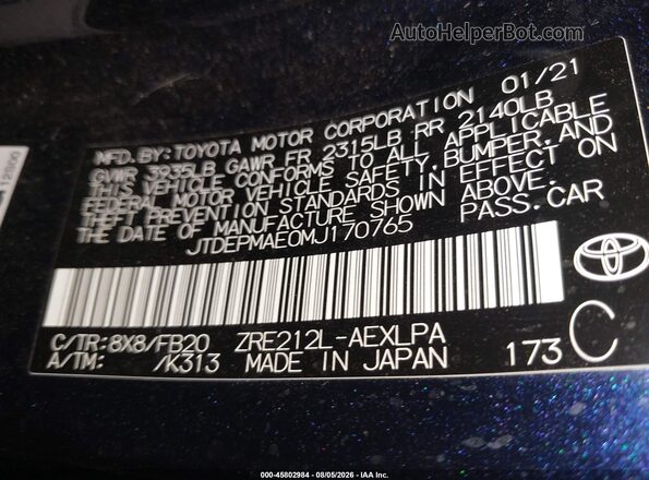 JTDEPMAE0MJ170765 2021 TOYOTA COROLLA Blue Engine compartment view