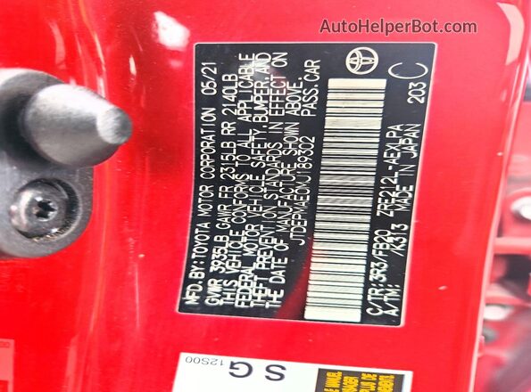 JTDEPMAE0MJ189302 2021 TOYOTA COROLLA Red VIN კოდის სტიკერის ხედი