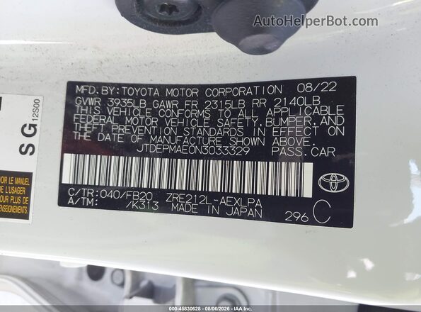 JTDEPMAE0N3033329 2022 TOYOTA COROLLA White Вид підкапотного простору