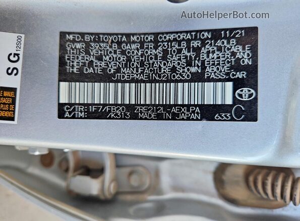 JTDEPMAE1NJ210630 2022 TOYOTA COROLLA Серебряный Вид наклейки с VIN-кодом
