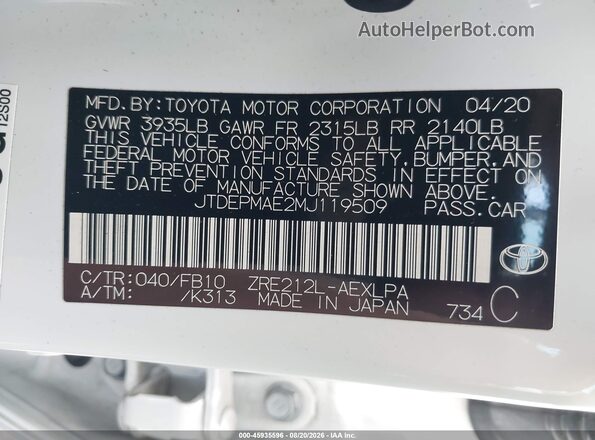 JTDEPMAE2MJ119509 2021 TOYOTA COROLLA White ძრავის განყოფილების ხედი