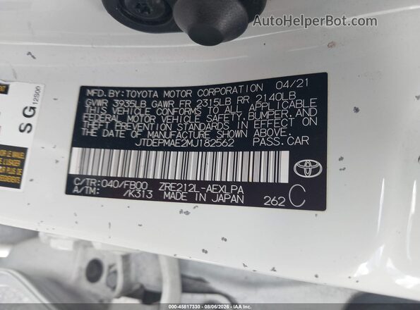 JTDEPMAE2MJ182562 2021 TOYOTA COROLLA White Vista del compartimento del motor