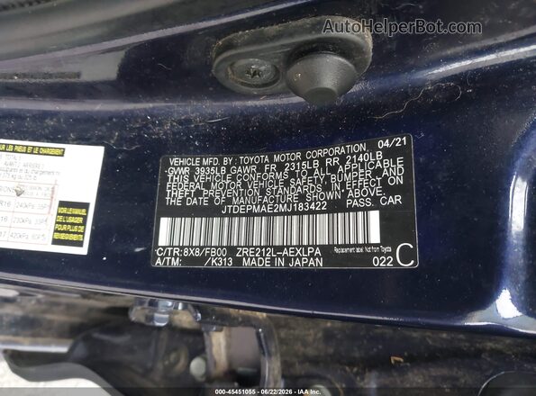 JTDEPMAE2MJ183422 2021 TOYOTA COROLLA Синий Вид подкапотного пространства