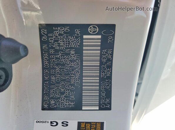 JTDEPMAE2N3026771 2022 TOYOTA COROLLA Белый Вид наклейки с VIN-кодом