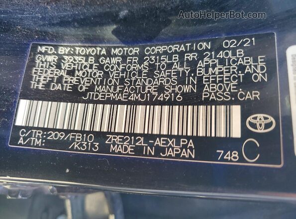 JTDEPMAE4MJ174916 2021 TOYOTA COROLLA Black Vista de la etiqueta del VIN