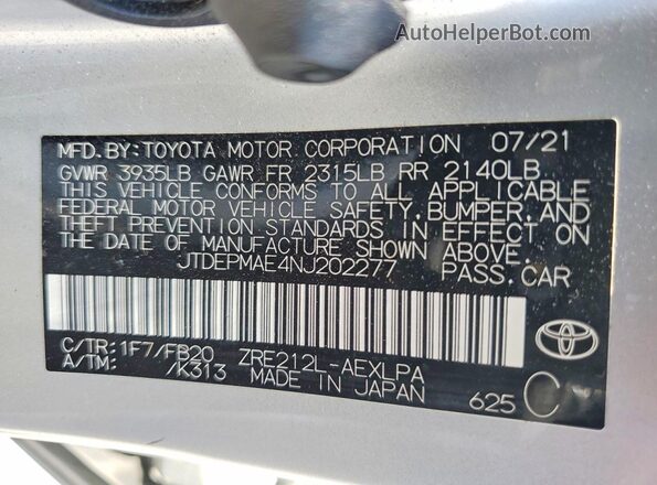 JTDEPMAE4NJ202277 2022 TOYOTA COROLLA Silver Widok naklejki z numerem VIN