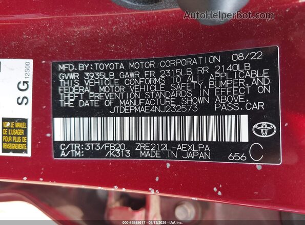 JTDEPMAE4NJ232573 2022 TOYOTA COROLLA Red Widok komory silnika