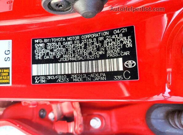 JTDEPMAE5MJ183219 2021 TOYOTA COROLLA Red VIN կոդի պիտակի տեսք