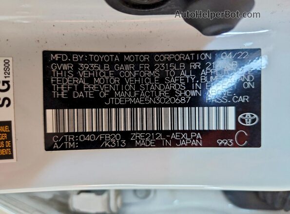 JTDEPMAE5N3020687 2022 TOYOTA COROLLA White Widok komory silnika