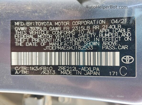 JTDEPMAE6MJ182533 2021 TOYOTA COROLLA Blue Вид наклейки з VIN-кодом